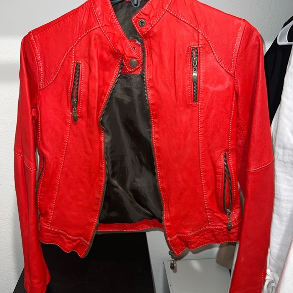 Red Leather Jacket with Stand-Up Collar and Glossy Finish - Picture 1 of 7